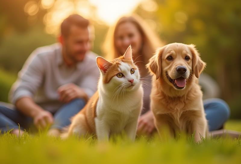 A loving dog and cat with a family outdoors, representing TruePaw Care's commitment to pet wellness
